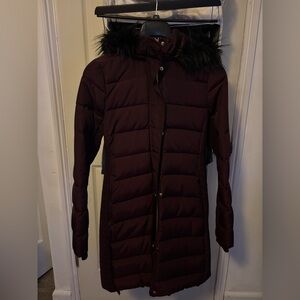 Express Burgundy Puffer Coat with Black Fur Trim